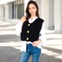 Black Large Chunky Knit Vest with Oversized Buttons and Front Pockets