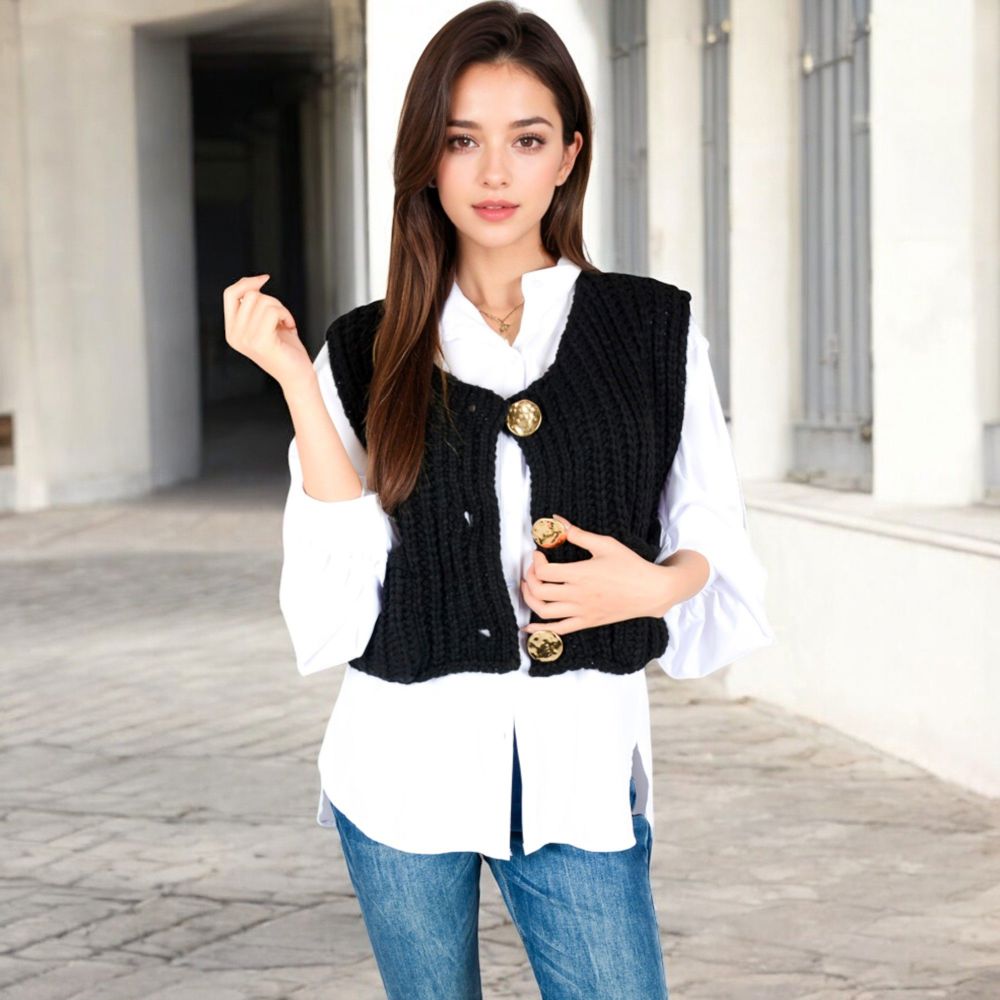 Chunky Knit Vest with Oversized Buttons and Front Pockets