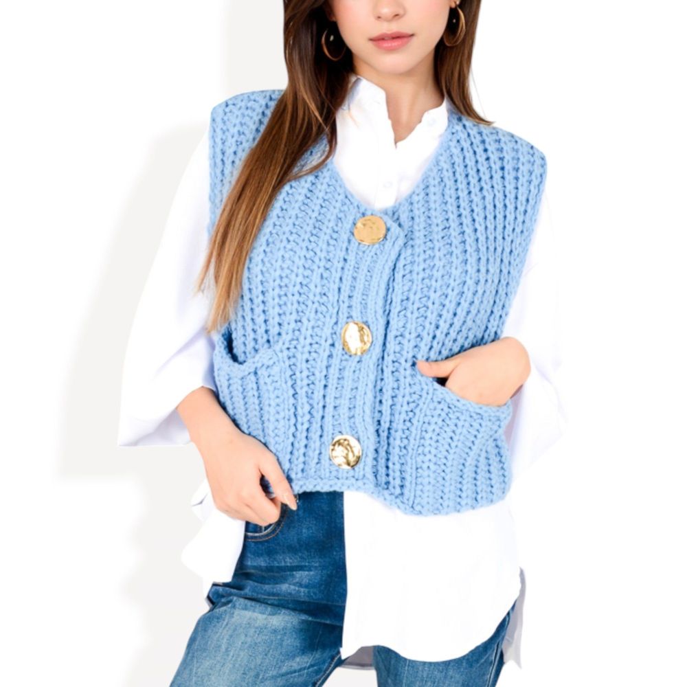 Chunky Knit Vest with Oversized Buttons and Front Pockets