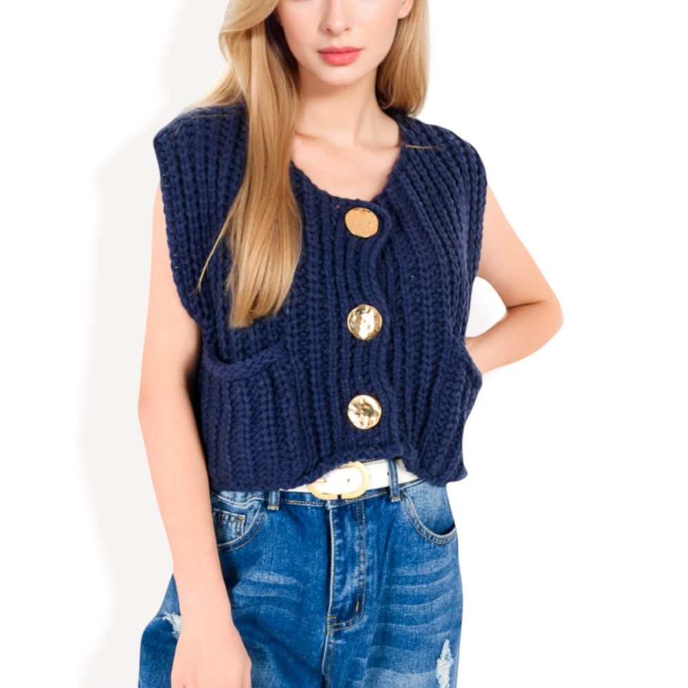 Chunky Knit Vest with Oversized Buttons and Front Pockets