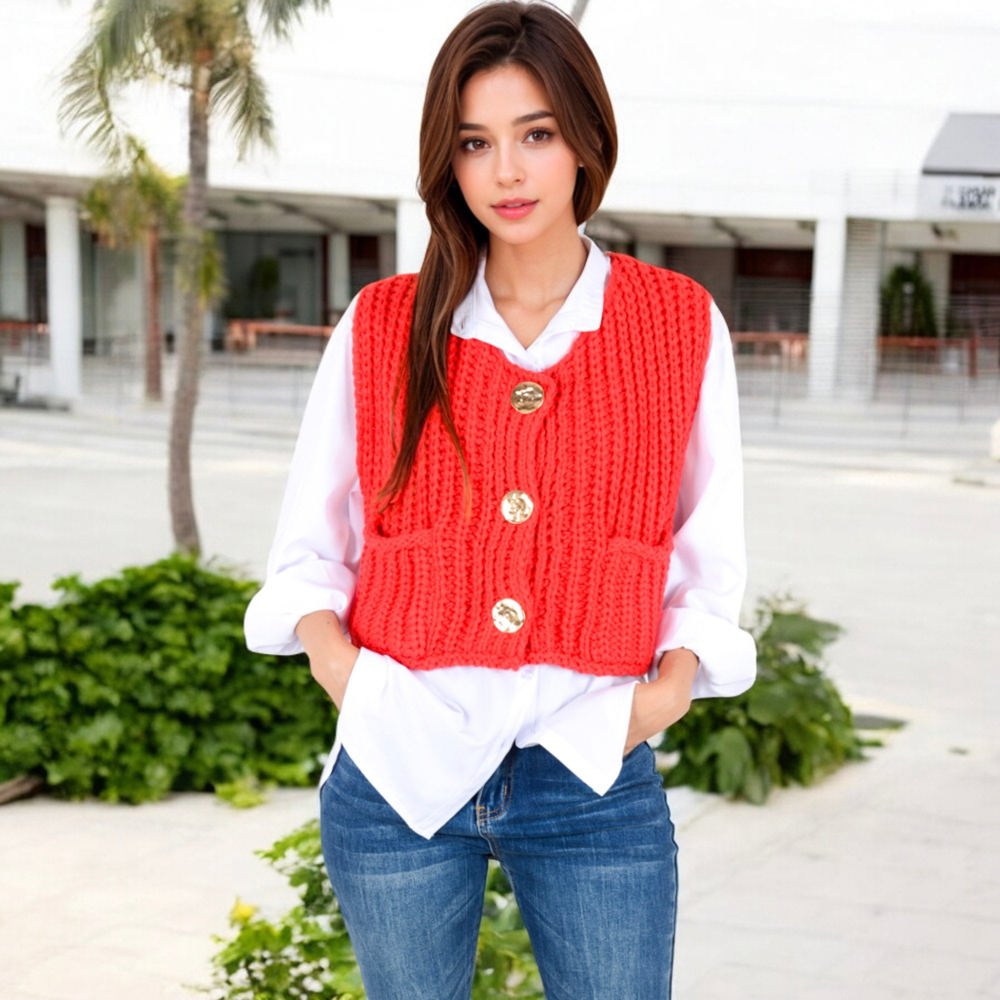 Chunky Knit Vest with Oversized Buttons and Front Pockets