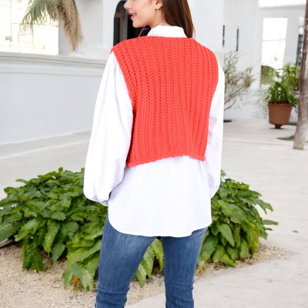 Chunky Knit Vest with Oversized Buttons and Front Pockets