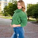 Green Large Corduroy Cropped Jacket with Snap Buttons and High Collar - Medium