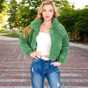 Green Large Corduroy Cropped Jacket with Snap Buttons and High Collar - Medium