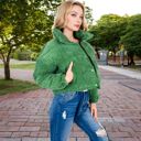 Green Large Corduroy Cropped Jacket with Snap Buttons and High Collar - Medium