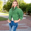 Green Large Corduroy Cropped Jacket with Snap Buttons and High Collar - Medium