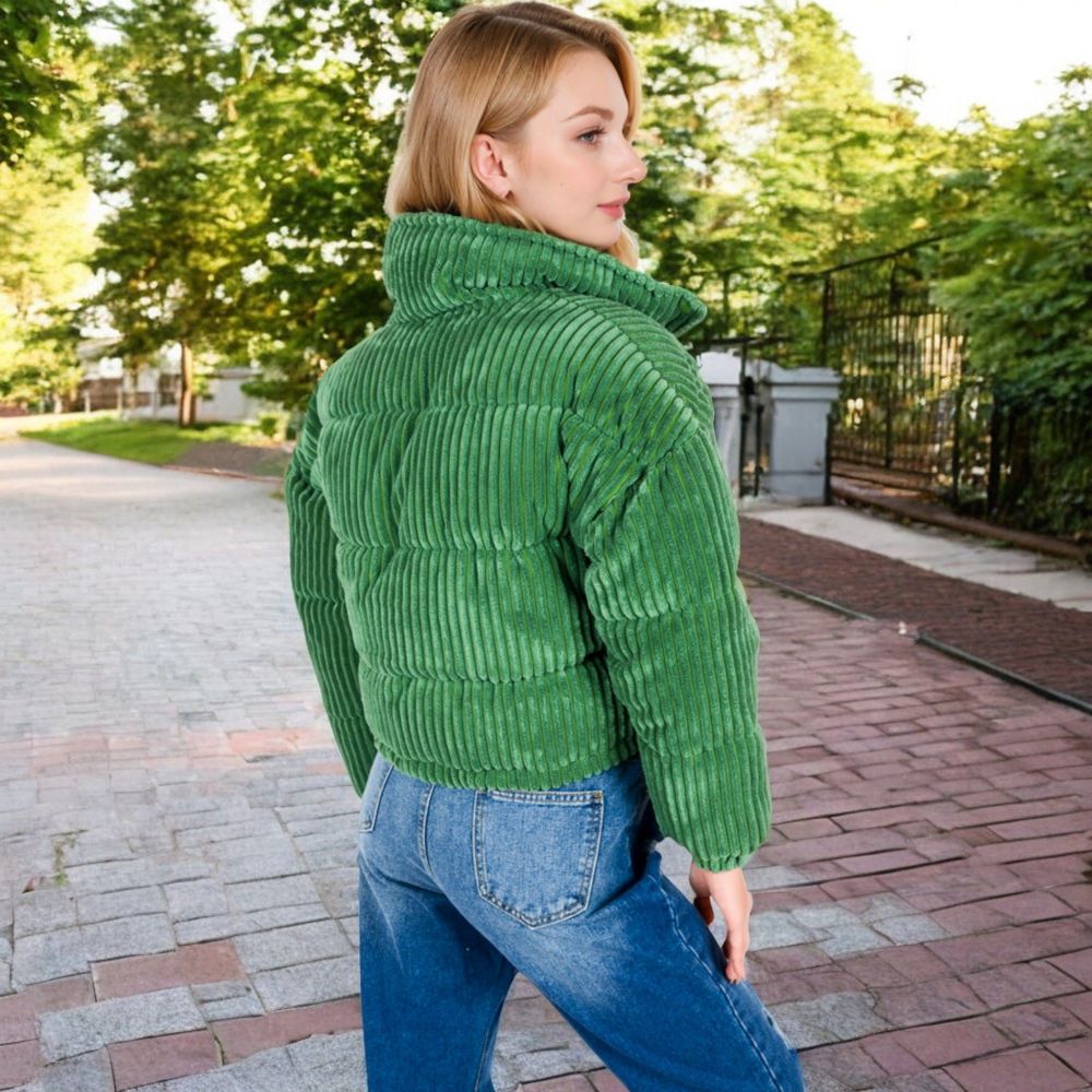 Corduroy Cropped Jacket with Snap Buttons and High Collar - Medium