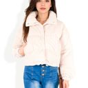 White Large Corduroy Cropped Jacket with Snap Buttons and High Collar - Medium