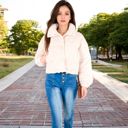 White Large Corduroy Cropped Jacket with Snap Buttons and High Collar - Medium