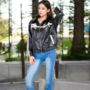 Black Large Faux Leather Jacket with Bow and Zipper Front Closure