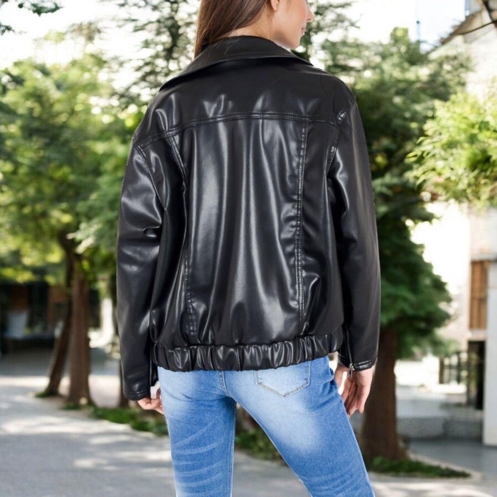 Faux Leather Jacket with Bow and Zipper Front Closure