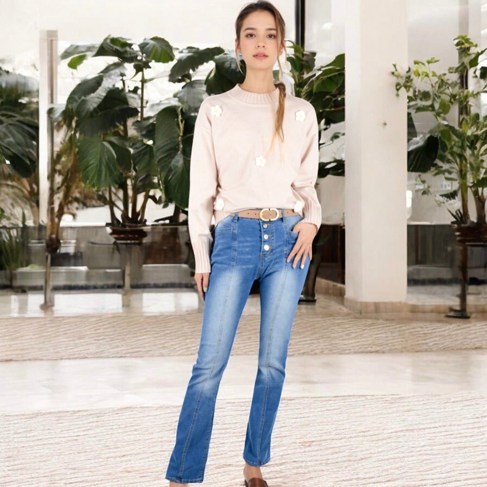 High-Waist Button Fly Flare Jeans with Seamed Detailing