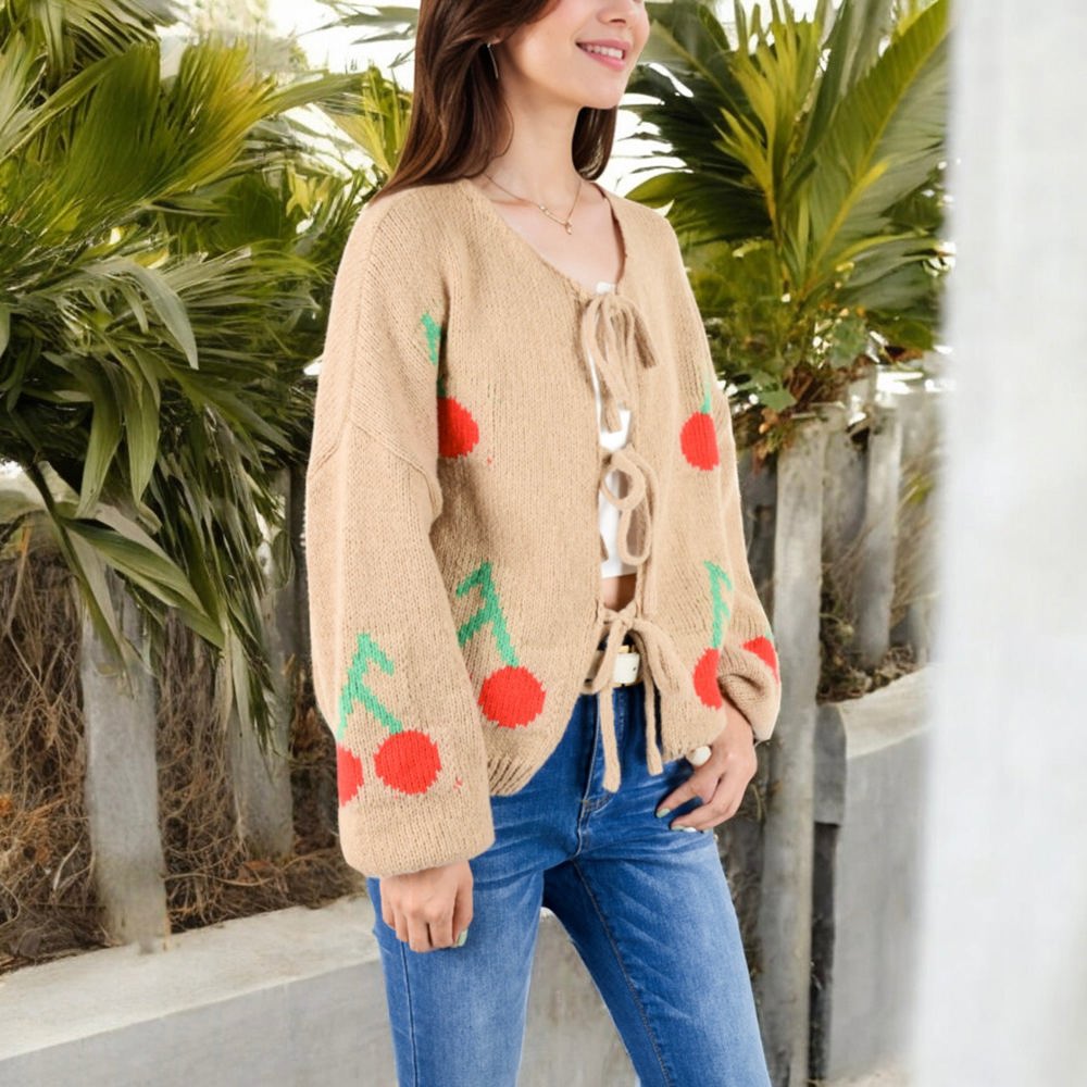 Chunky Knit Tie-Front Cardigan with Cherry Pattern