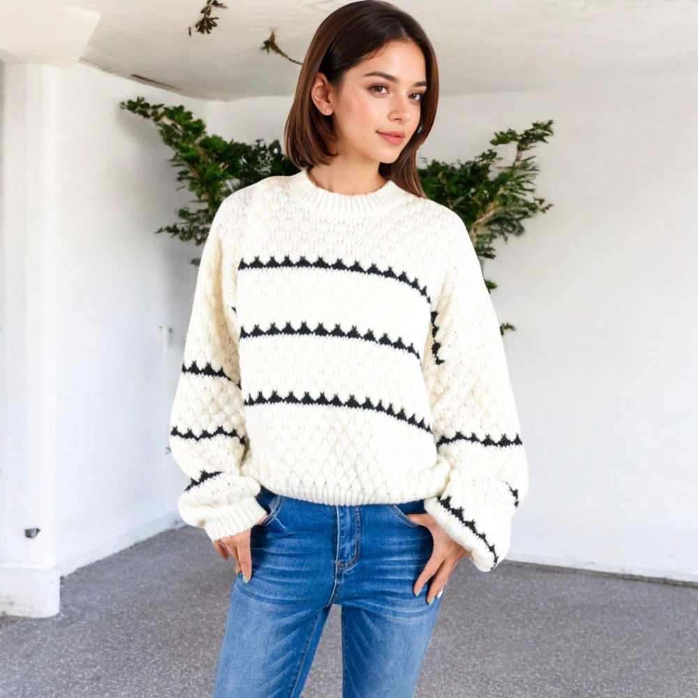 Oversized Cable Knit Sweater with Contrast Stripes