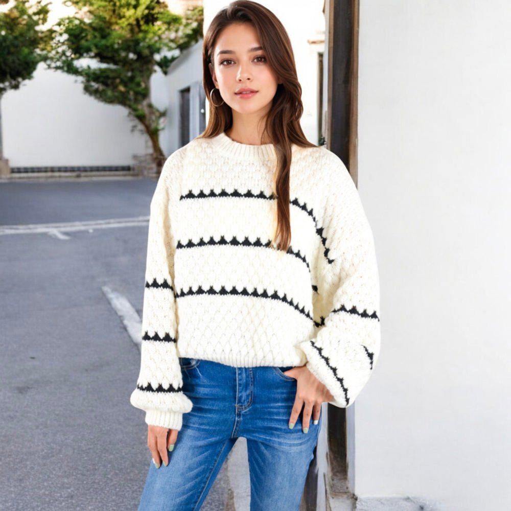 Oversized Cable Knit Sweater with Contrast Stripes