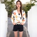 Beige Large Button-Up Knit Cardigan with Floral Print and Front Pockets