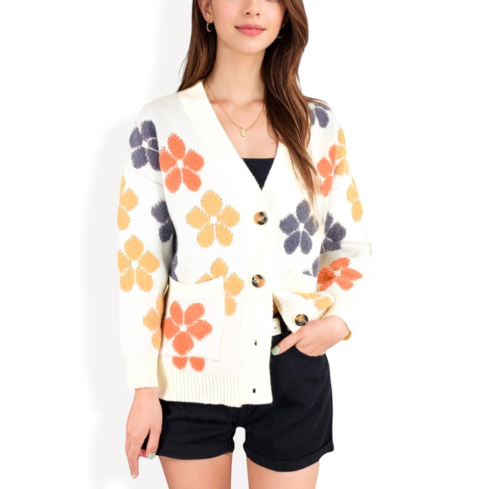 Button-Up Knit Cardigan with Floral Print and Front Pockets