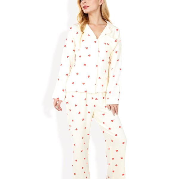 Button-Up Pajama Set with Heart Print and Notched Collar