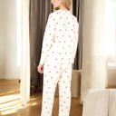 Beige Large Button-Up Pajama Set with Heart Print and Notched Collar