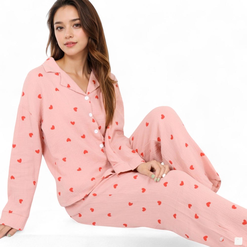 Button-Up Pajama Set with Heart Print and Notched Collar