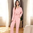 Pink Large Button-Up Pajama Set with Heart Print and Notched Collar