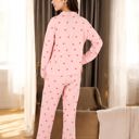 Pink Large Button-Up Pajama Set with Heart Print and Notched Collar