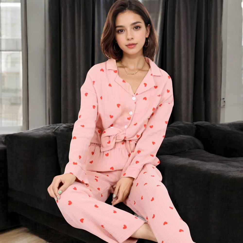 Button-Up Pajama Set with Heart Print and Notched Collar