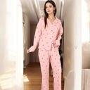 Pink Large Button-Up Pajama Set with Heart Print and Notched Collar