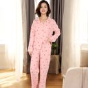 Pink Large Button-Up Pajama Set with Heart Print and Notched Collar