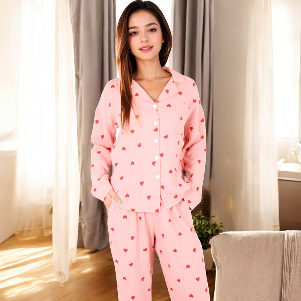 Button-Up Pajama Set with Heart Print and Notched Collar