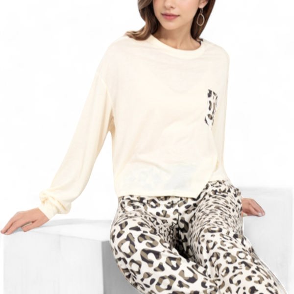 Long Sleeve Pajama Set with Leopard Print Drawstring Pants and Chest Pocket