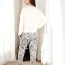 Yellow Large Long Sleeve Pajama Set with Leopard Print Drawstring Pants and Chest Pocket