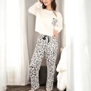 Yellow Large Long Sleeve Pajama Set with Leopard Print Drawstring Pants and Chest Pocket