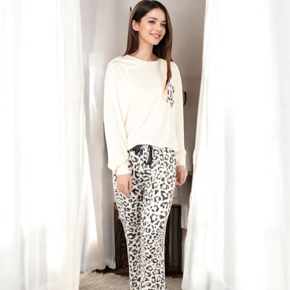 Long Sleeve Pajama Set with Leopard Print Drawstring Pants and Chest Pocket