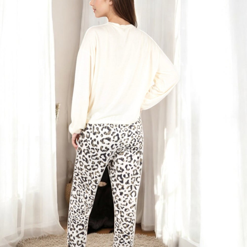 Long Sleeve Pajama Set with Leopard Print Drawstring Pants and Chest Pocket