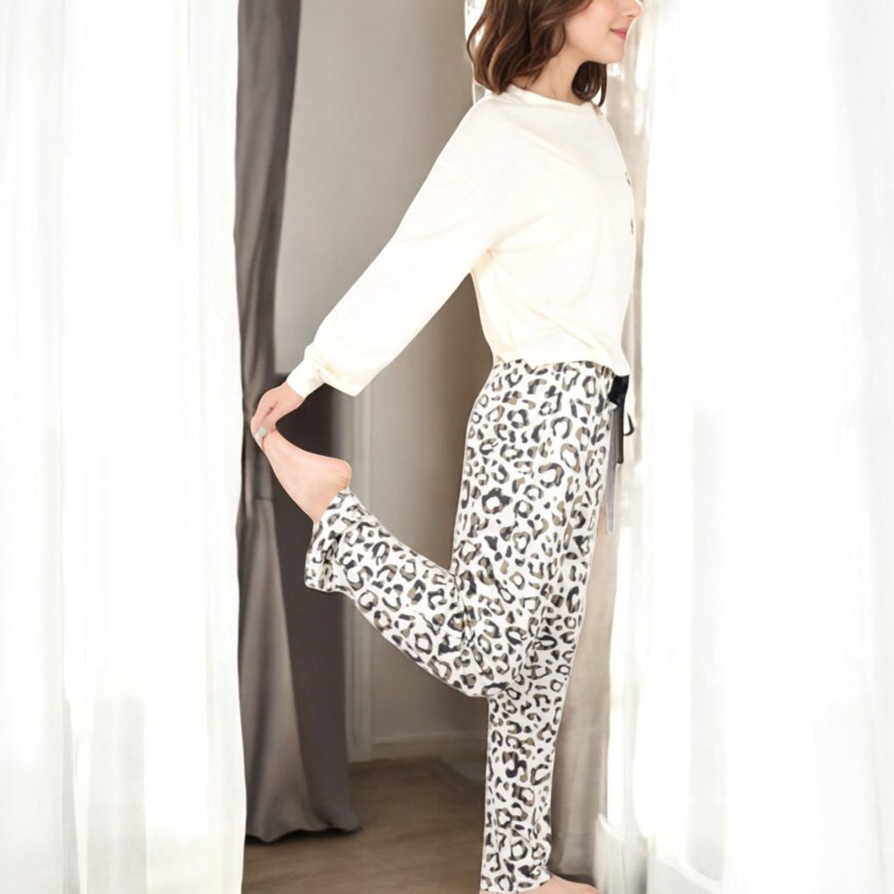 Long Sleeve Pajama Set with Leopard Print Drawstring Pants and Chest Pocket