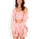 Pink Large 3-Piece Heart Print Lounge Set with Button-Down, Crop Top, and Shorts