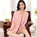 Pink Large 3-Piece Heart Print Lounge Set with Button-Down, Crop Top, and Shorts