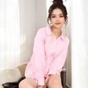 Pink Large Button-Down Long Sleeve Pajama Set with Frilled Hem Shorts