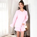 Pink Large Button-Down Long Sleeve Pajama Set with Frilled Hem Shorts