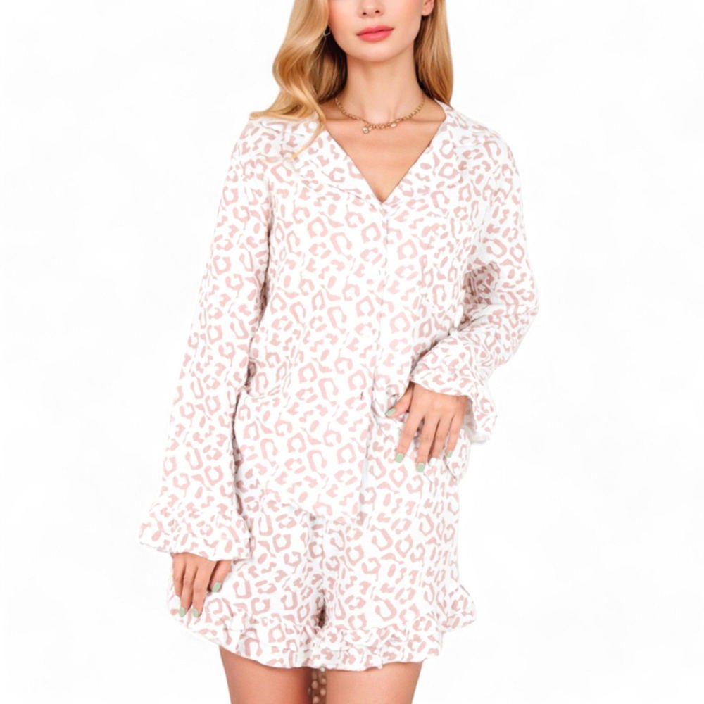 Button-Down Leopard Print Pajama Set with Ruffled Hem Shorts