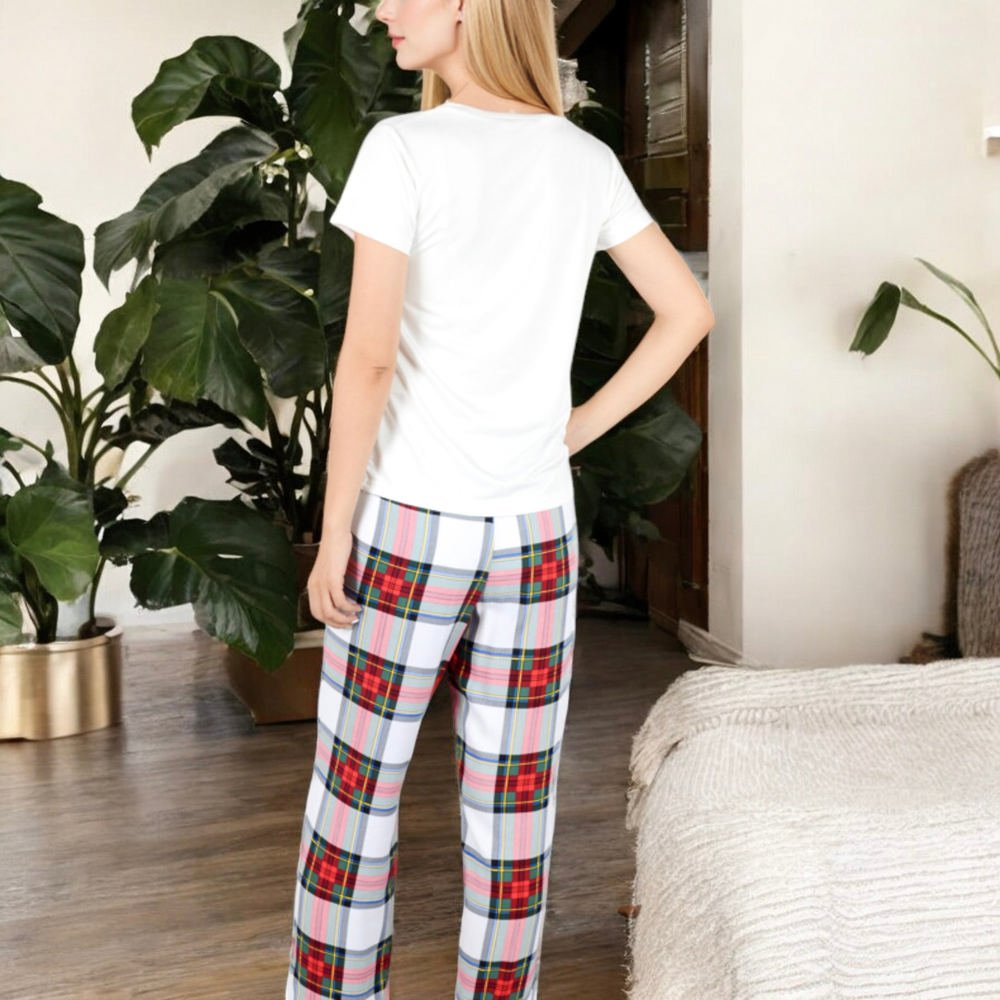 Short Sleeve V-Neck Tee and Plaid Pajama Set with Relaxed Fit