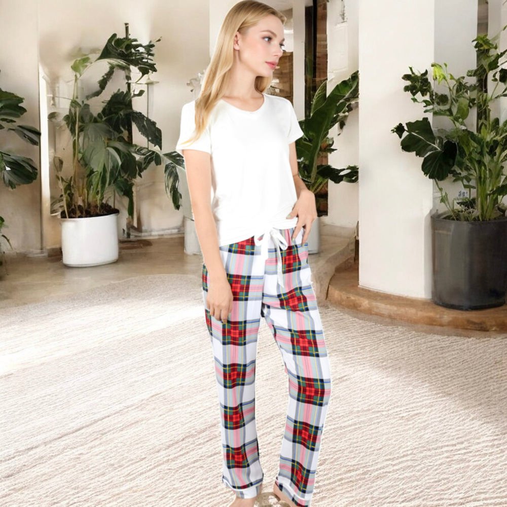 Short Sleeve V-Neck Tee and Plaid Pajama Set with Relaxed Fit