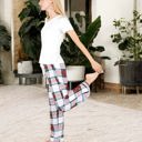 White Large Short Sleeve V-Neck Tee and Plaid Pajama Set with Relaxed Fit