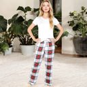 White Medium Short Sleeve V-Neck Tee and Plaid Pajama Set with Relaxed Fit