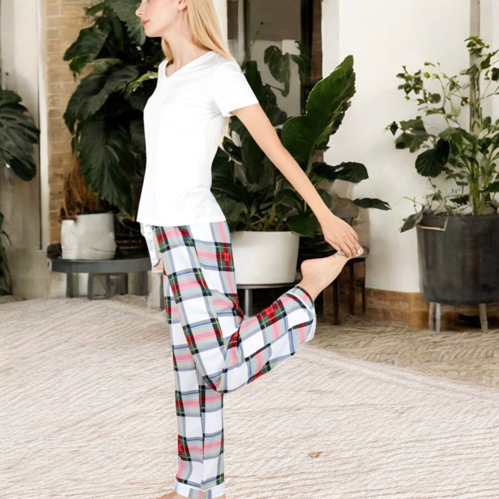 Short Sleeve V-Neck Tee and Plaid Pajama Set with Relaxed Fit