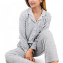 Gray Large Long Sleeve Button-Up Pajama Set with Piped Trim Details and Relaxed Fit