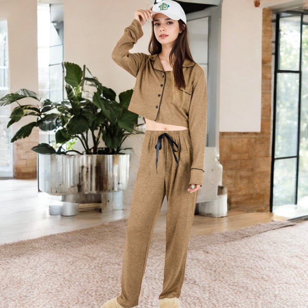 Long Sleeve Button-Up Pajama Set with Piped Trim Details and Relaxed Fit