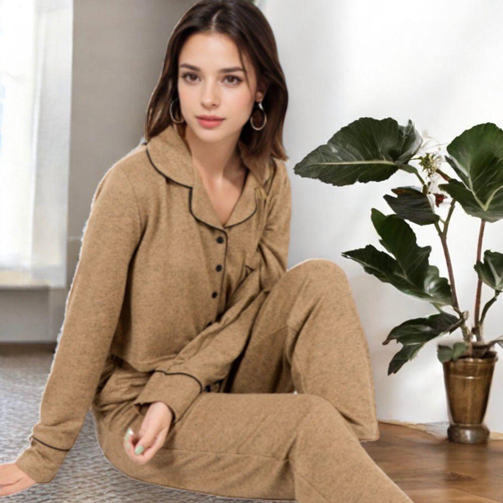 Long Sleeve Button-Up Pajama Set with Piped Trim Details and Relaxed Fit