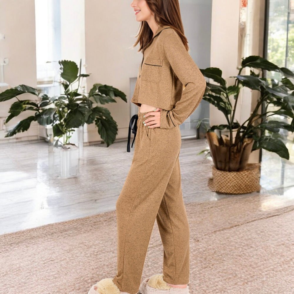 Long Sleeve Button-Up Pajama Set with Piped Trim Details and Relaxed Fit